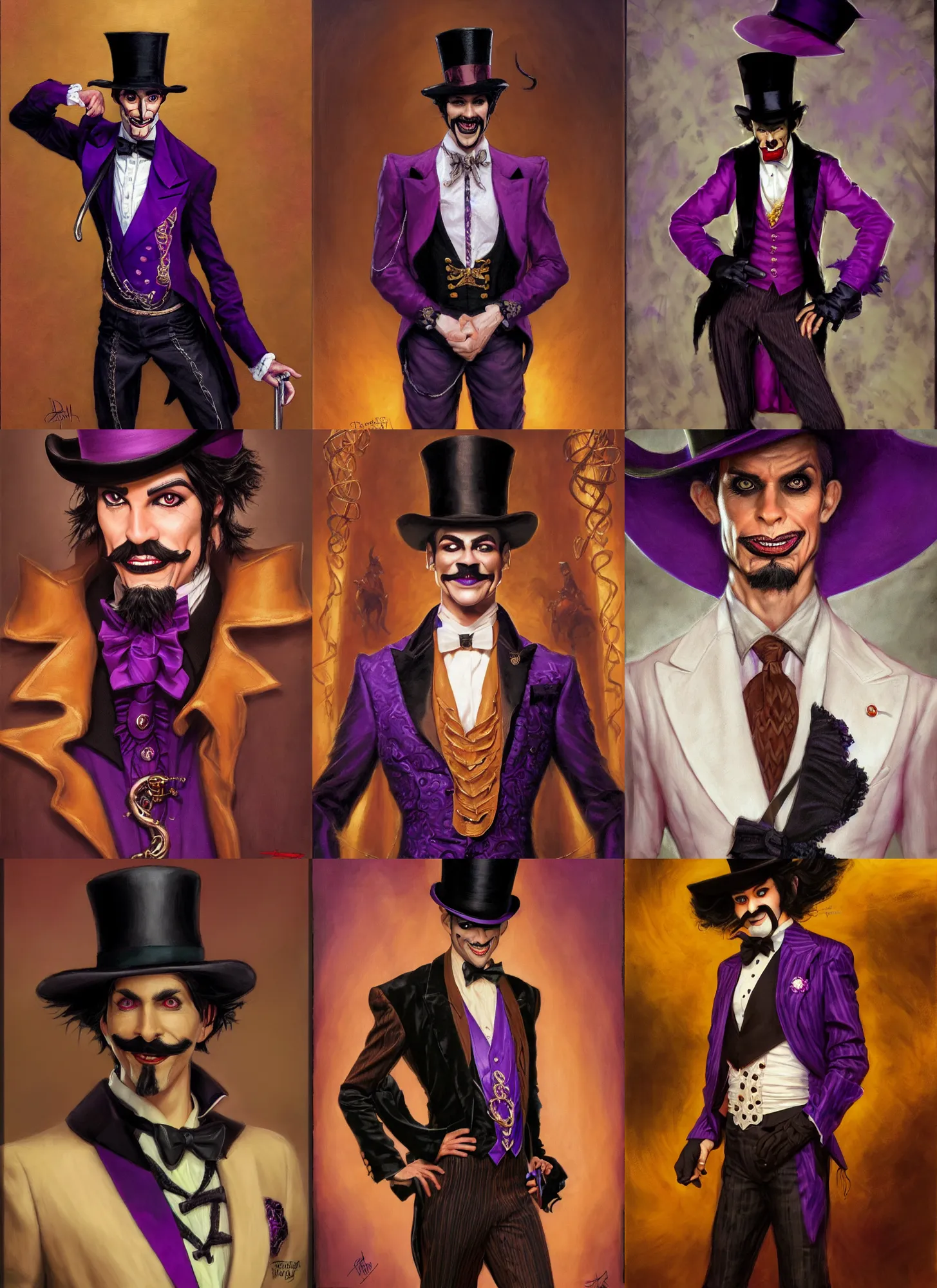 Prompt: portrait, a slender ringleader with tan skin, wearing purple and black ringmaster attire, nefarious smirk, black hair, black top hat, trickster, goatee, style by donato giancola, wayne reynolds, jeff easley dramatic light, high detail, cinematic lighting, artstation, dungeons and dragons