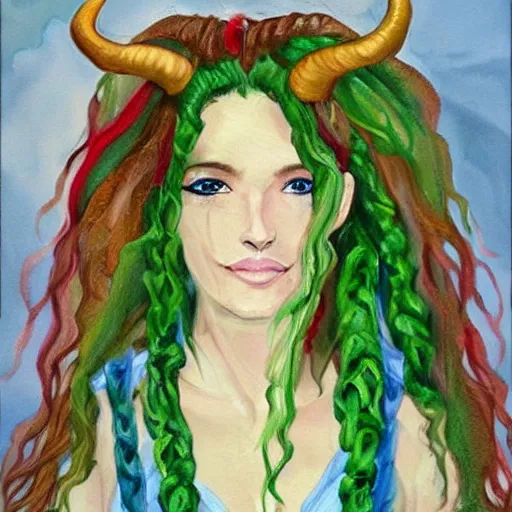 Image similar to a beautiful painting of Ashley Johnson as a satyr with green hair and ribbons, curly horns and goats eyes.