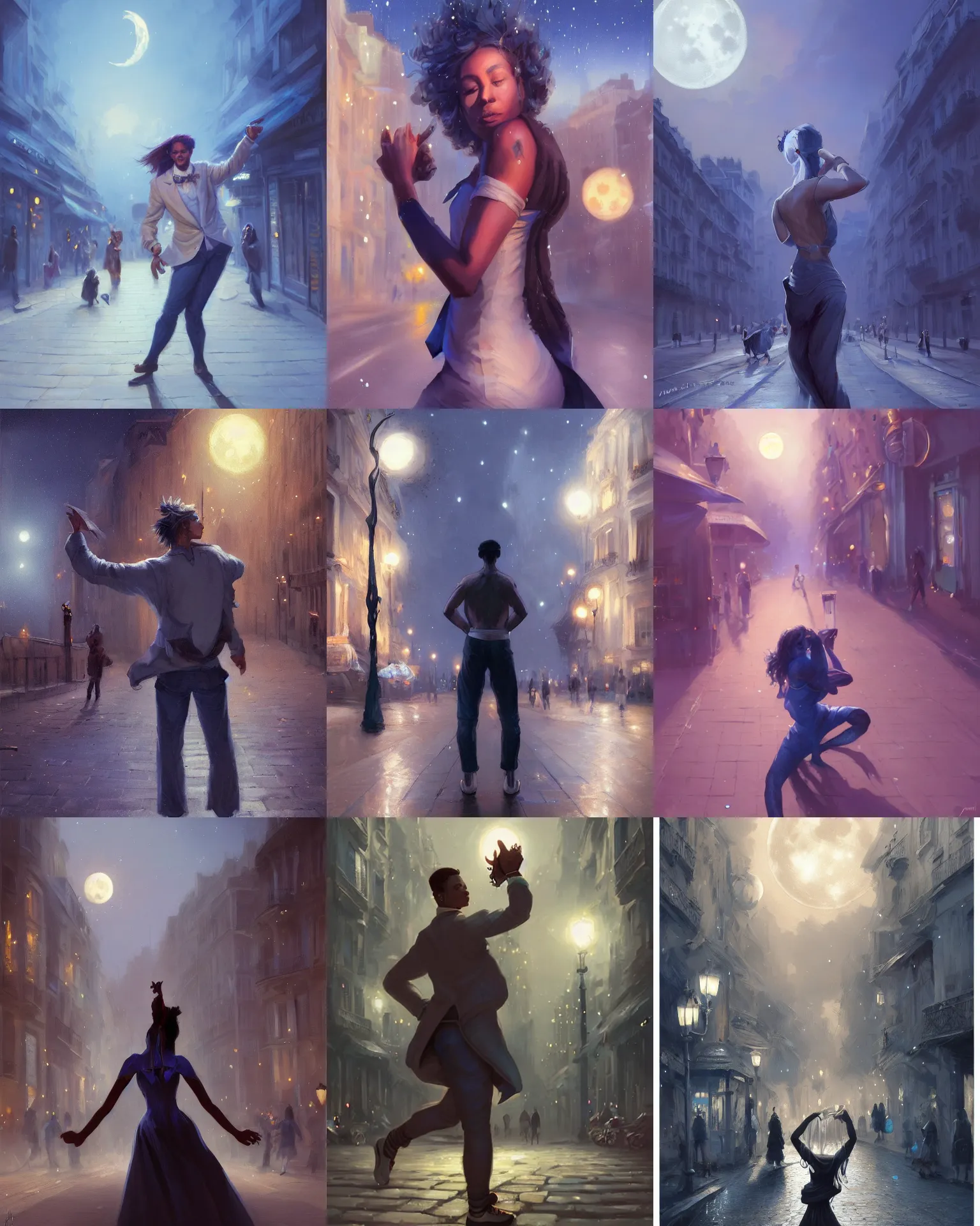 Prompt: portrait of a back facing camera person passionately dancing in a street in paris at night, blue moonlight, giant moon, by Artgem and Mandy Jurgens and greg rutkowski, fantasy, intricate, elegant, digital painting, concept art, romantic, trending on artstation