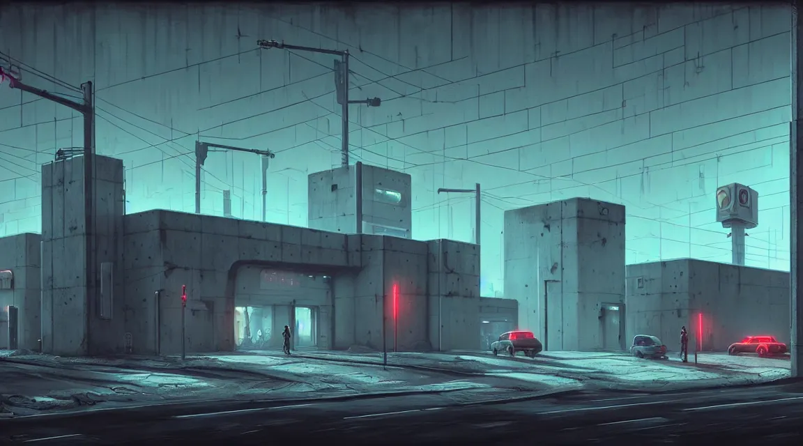 Image similar to post - apocalyptic police station, concrete building, paved roads, by simon stalenhag, by h. r giger, highly detailed photography, trending on artstation, hyperrealistic, human silhouettes, cyberpunk, environment artist, dystopian, science fiction, synthwave neon retro