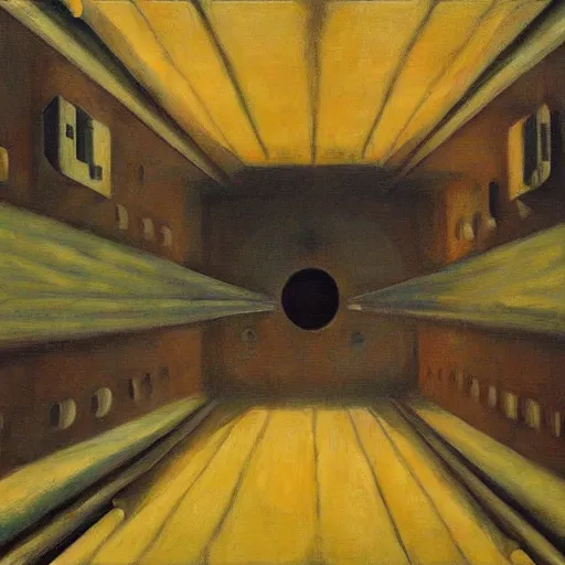 Prompt: view from bottom of a shaft looking up, robot overlords peering down, pj crook, edward hopper, oil on canvas