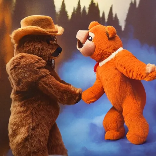 Image similar to candid photo of flaming Teddy Ruxpin, punching Smokey The Bear by Annie Leibowitz, photorealisitc, extremely detailed