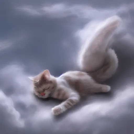 Image similar to cat sleeping on a cloud with angel wings, hyperdetailed, artstation, cgsociety, 8k