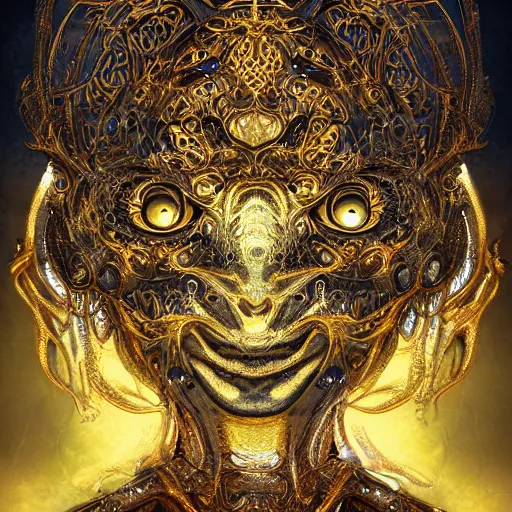 Prompt: a beautiful symmetrical being made of golden ornaments by android jones, 3D, 8k resolution