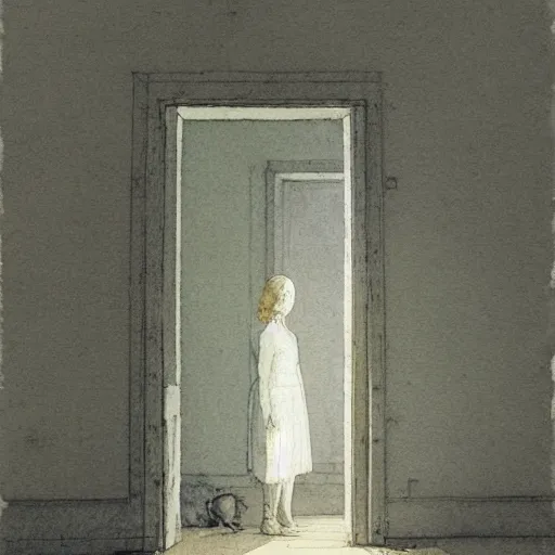 Image similar to close up of a girl in a haunted liminal abandoned room, watercolor by victo ngai, by hammershøi, art noveau, highly detailed, lights by edward hopper, liminal, eerie, bright pastel colors