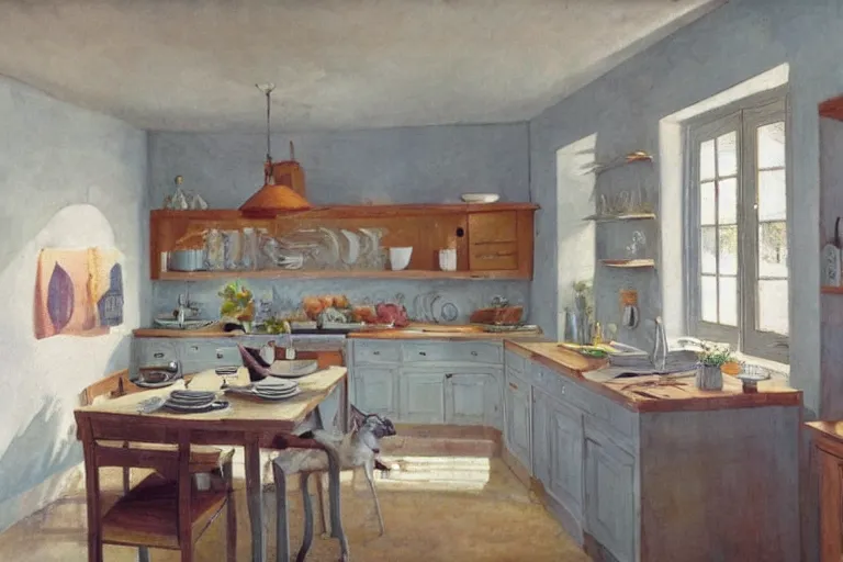 Prompt: Photography of modern Provence style kitchen, cat on the table, photorealism,