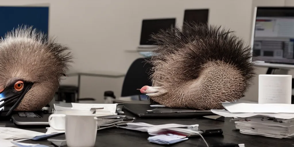 Image similar to a stressed ostrich doing taxes in front of a laptop, trending photo