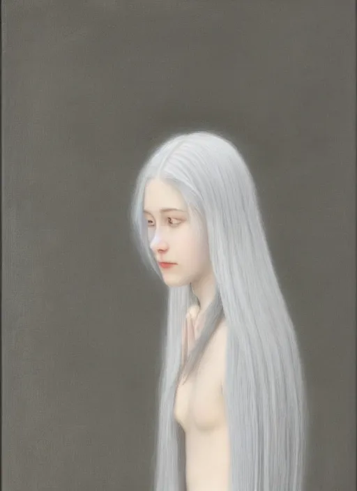 Image similar to thin young beautiful angel with silver hair so long, pale!, wearing silver hair, silver angel wings, young adorable korean face, silver hair!!, oil on canvas, style of fernand khnopff, 4 k resolution, aesthetic!,