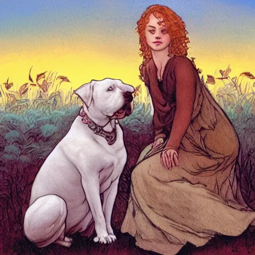 Image similar to pretty girl with curly blonde hair sits next to her white pitbull, sitting on a riverbank watching the sunset, painting by rebecca guay