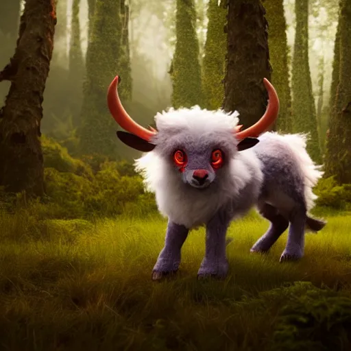 Image similar to ultrarealistic creature fluffy animal with horns and short legs and arms and red eyes, forest scene, octane render, highly detailed, cinematic lightning, epic fantasy style art