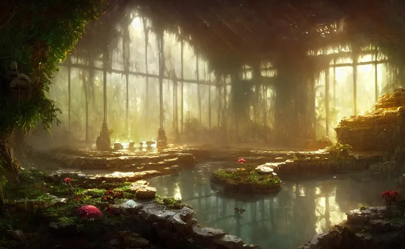 Image similar to painting of an interior of an otherworldly hot spring with candles, natural light, fantasy, lush plants and flowers, natural light, concept art, by greg rutkowski and craig mullins, cozy atmospheric and cinematic lighting, trending on artstation