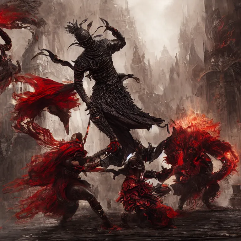 Image similar to dance of black man and a female red devil, Dark Souls 3 themed, in style of Ruan Jia, insanely detailed and intricate, elegant, ornate, luxury, elite, matte painting, cinematic, cgsociety, James jean, Brian froud, ross tran, Laputa