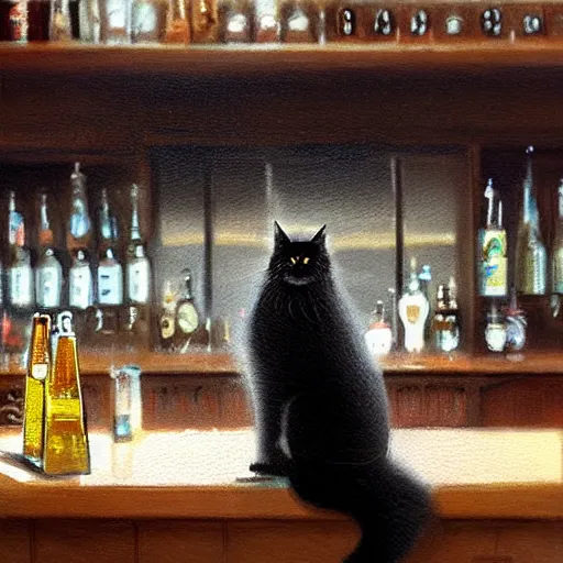 Image similar to of a british longhair cat sitting at the bar next to a beer, by greg rutkowski