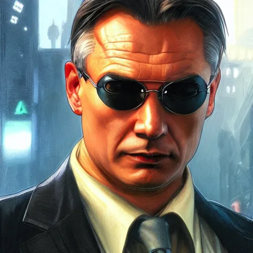 Prompt: [Viktor Orban in the movie Matrix as GTA character, closeup, D&D, intricate, elegant, highly detailed, digital painting, artstation, concept art, matte, sharp focus, illustration, art by Artgerm and Greg Rutkowski and Alphonse Mucha and Enki Bilal]