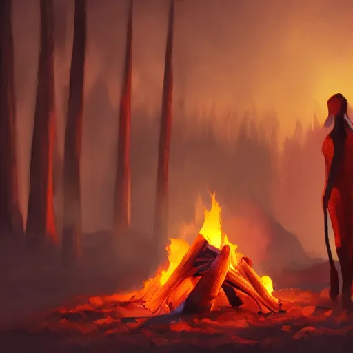 Prompt: A photo of a campfire with a woman's profile visible in the flames, artstation, 4k