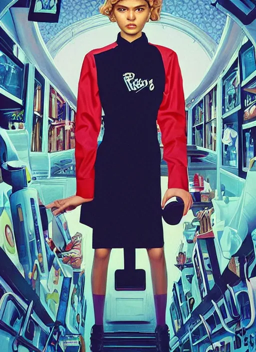 Image similar to poster artwork by michael whelan and tomer hanuka, karol bak, portrait of a high school student zendaya!!!!! wearing rr diner uniform working at the local diner, confectioner in a pastry shop, full length shot, shining, from scene from twin peaks, clean