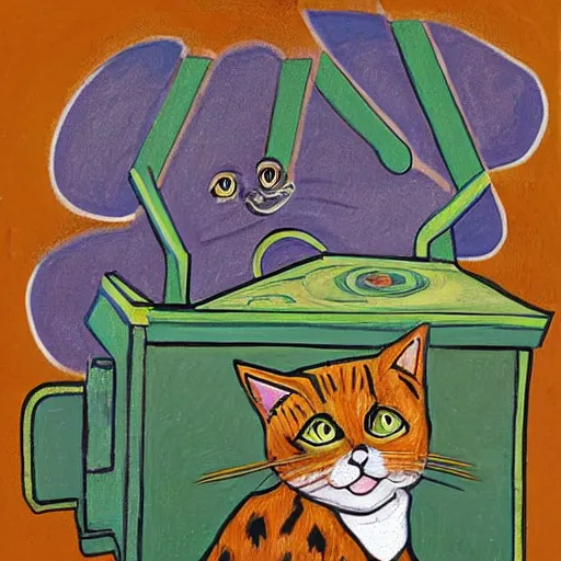 Prompt: painting of a cat poking half way out of a dumpster by louis wain