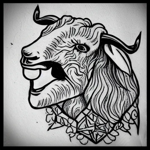 Prompt: a detailed tattoo outline of a !goat! that is !biting a churro!, 4k, illustration, sharp focus