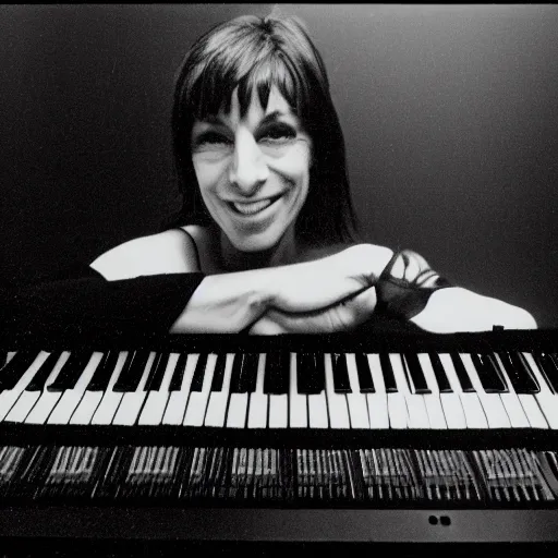 Prompt: Suzanne Ciani swimming in a sea of synthesizers, 35mm film