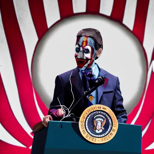 Image similar to string puppet of a president with clown makeup in a podium and a human shadow behind