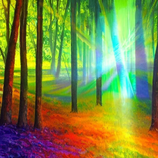 Prompt: oil painting of a lush, iridescent forest with god rays in rainbow color, wide angle