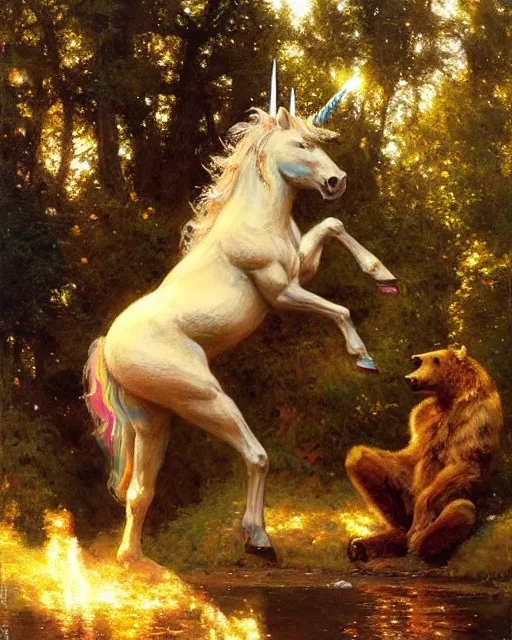 Prompt: unicorn versus bear, enchanted forest, painting by gaston bussiere, craig mullins, j. c. leyendecker