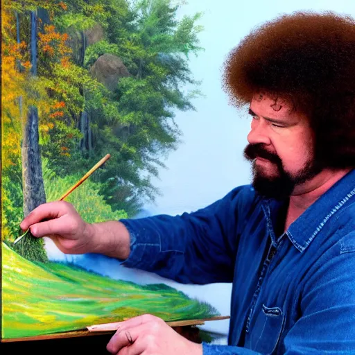 Image similar to a closeup photorealistic photograph of bob ross adding the finishing touches on a canvas painting of kenny powers. mountains and trees. film still. brightly lit scene. this 4 k hd image is trending on artstation, featured on behance, well - rendered, extra crisp, features intricate detail, epic composition and the style of unreal engine.