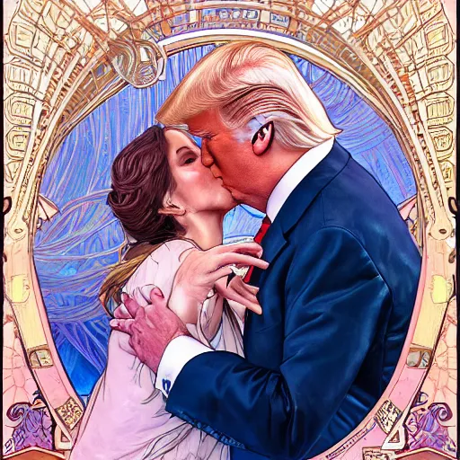 Image similar to donald trump kissing joe biden | highly detailed | very intricate | art nouveau | gold filigree | romantic storybook fantasy | soft cinematic lighting | award - winning | disney watercolor illustration by mandy jurgens and alphonse mucha and alena aenami | pastel color palette | featured on artstation