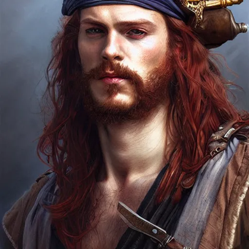 Image similar to portrait of a young rugged pirate, male, masculine, upper body, red hair, long hair, soft hair, D&D, fantasy, intricate, elegant, highly detailed, digital painting, artstation, concept art, matte, sharp focus, illustration, art by Artgerm and Greg Rutkowski and Alphonse Mucha