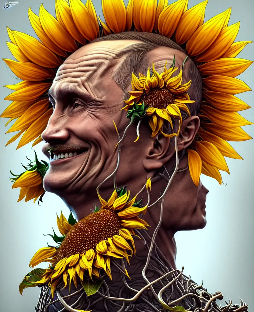 Image similar to digital art, centered full body of Putin smiling king, Sunflower crown, ,intricate, veins, by James Jean and by artgerm , by ross tran ultradetailed, charachter design, concept art, trending on artstation,