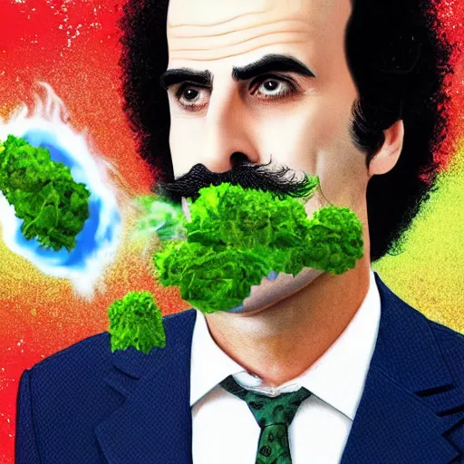 Image similar to Sacha Baron Cohen as borat smoking a giant rolled cannabis cigarette, caricature, smoke, amazing detail, digital art, artstation