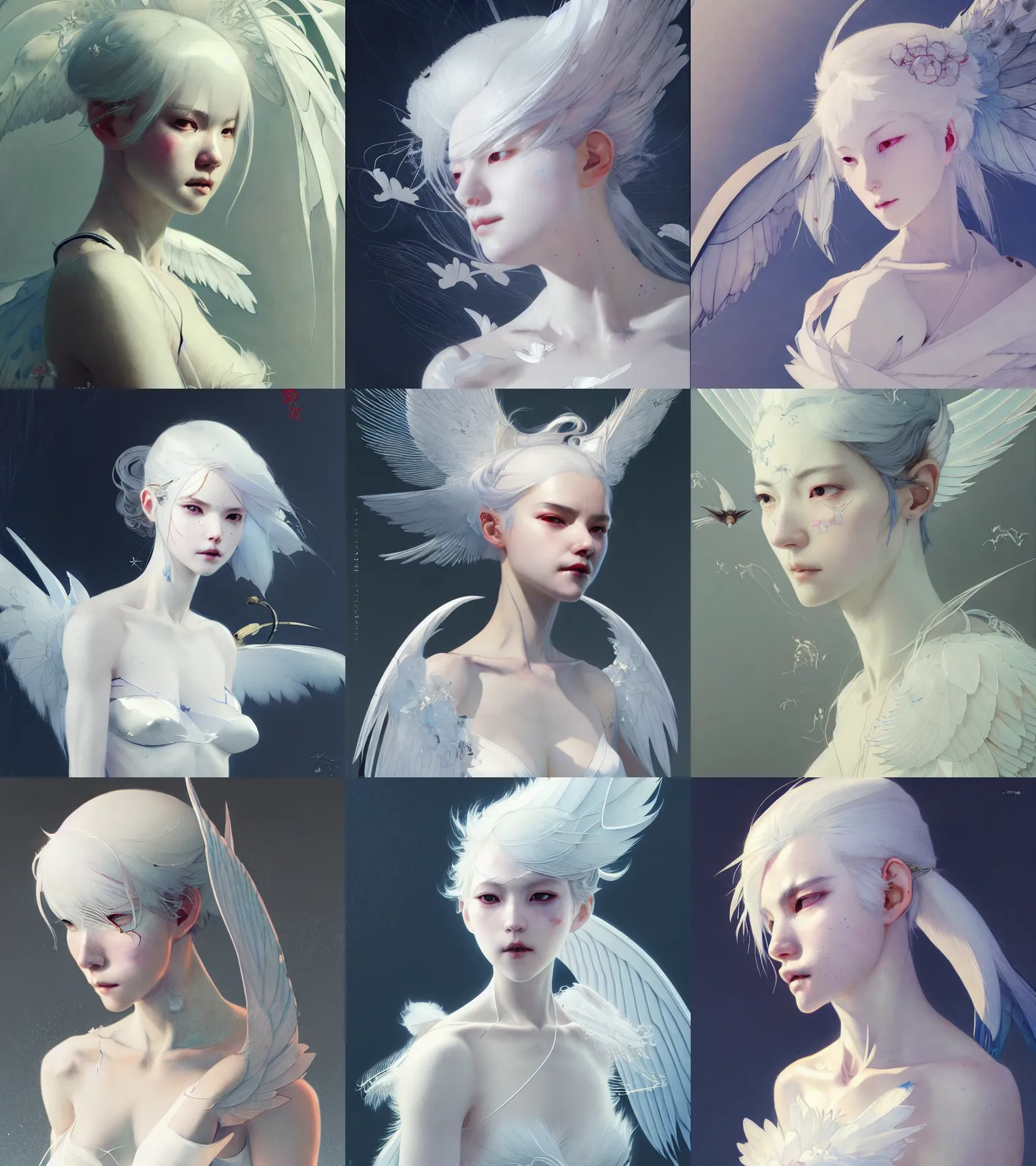 Prompt: character design by james jean, jakub rebelka, tran nguyen, yoann lossel, wadim kashin ( ( ( portrait of a white haired cute japanese girl with white wings in a white elegant bra ) ) ) sharp edges. ultra clear detailed. 8 k. ultra detailed, elegant, intricate,