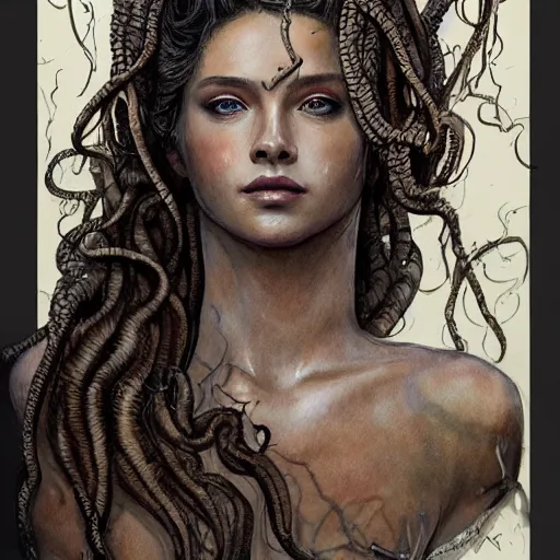 Prompt: full body sketch of a beautiful young medusa with hair made of snakes, perfect anatomy, full body, watercolor background, pencil art, ink and pencil, hyperrealistic, hyperdetailled, digital art, greg rutkowski, artstation, 8 k, beautiful drawing, paper texture, spray paint, watercolors