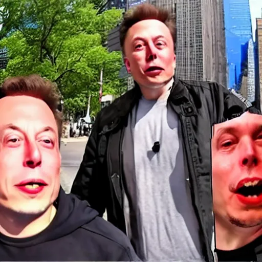 Image similar to bodycam footage of a homeless elon musk going crazy and scamming people, new york streets, wide angle, fisheye, uhd, 4 8 0 p, bodycam, paparazzi, bad quality, pov