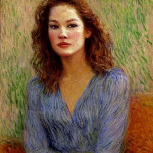 Prompt: portrait of a young diane lane by claude monet, impressionist, hd, beautiful, glamorous, award winning, 4 k