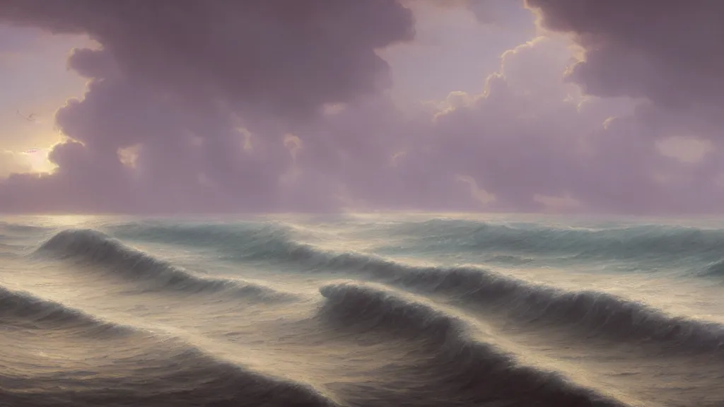 Prompt: first person view of breaking waves on the shore, summer, delicate fog, sea breeze rises in the air, by andreas rocha and john howe, and Martin Johnson Heade, featured on artstation, featured on behance, golden ratio, ultrawide angle, f32, well composed