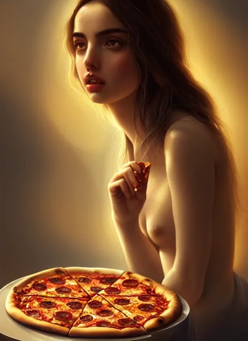 Image similar to portrait of ana de armas eating pizza, intricate, elegant, glowing lights, highly detailed, digital painting, artstation, concept art, smooth, sharp focus, illustration, art by wlop, mars ravelo and greg rutkowski