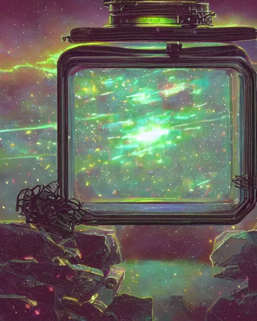 Prompt: a vivid broken keyboard neatly fits inside large boron glass storage jar, lying forgotten on the shelf in SCP foundation. Secure, Contain, Protect, iridescent nebula inside a glass cylinder safely contained, eerie nostalgic concept art, by James Gurney and Simon Stalenhag and Greg Rutkowski, hyperdetailed SCP artifact jar, macroshot, trending on ArtStationHQ, 8k