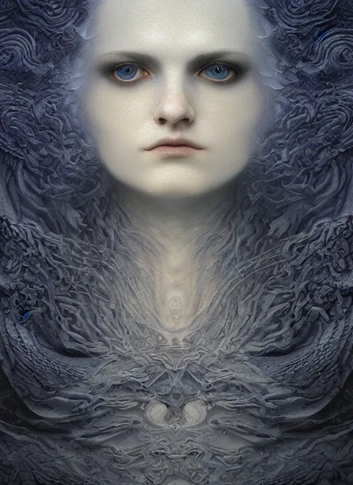 Image similar to Her huge ominous glowing blue eyes staring into my soul , perfect eyes, soft pale white skin, intricate stunning highly detailed, agostino arrivabene, WLOP, twisted dark lucid dream, 8k portrait render, raven wings, swirling thick smoke , beautiful lighting, dark fantasy art, cgsociety