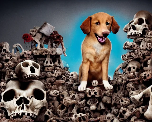 Prompt: Happy little puppy with bloody mouth stands atop a huge pile of human bones and skulls, whimsical render, cute, Pixar animation, movie still, 4k, 3d render, bold colors, wide angle