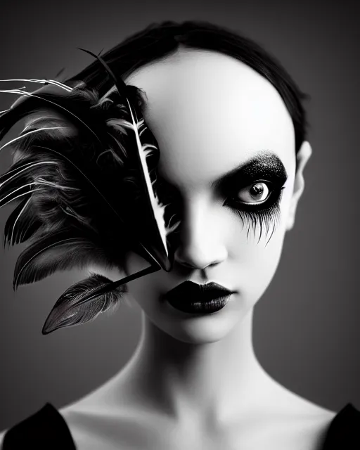 Image similar to surreal mythical dreamy dark artistic black and white fine art photo of a young delicate female - orchid - bird - cyborg bust with feather hair, rim light, cinematic, studio dramatic light, poetic, octane render, 8 k, photo - realistic