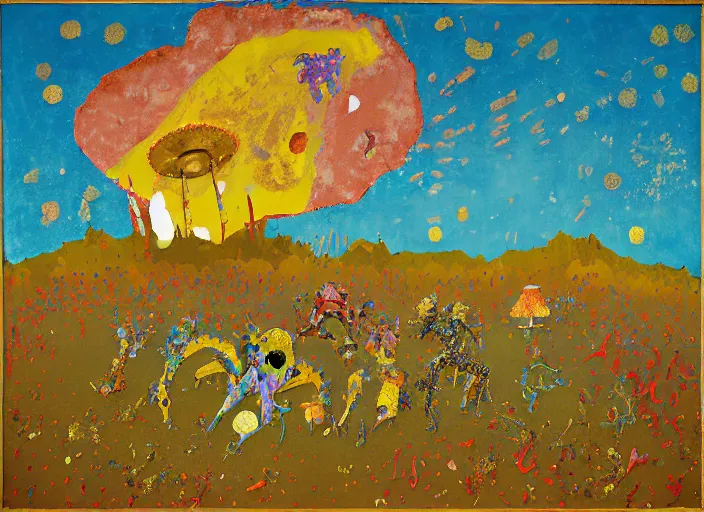 Image similar to expressionistic decollage painting golden armor alien zombie horseman riding on a crystal bone dragon broken rainbow diamond maggot horse in a blossoming meadow full of colorful mushrooms and golden foil toad blobs in a golden sunset, distant forest horizon, painted by Bill Traylor, Helen Frankenthaler, Danny Fox and Hilma af Klint, pixelated, semiabstract, color field painting, byzantine art, voxel art, pop art look, naive, outsider art. Mark Rothko painting, part by Philip Guston and Frank Stella art by Adrian Ghenie, 8k, extreme detail, intricate detail, masterpiece