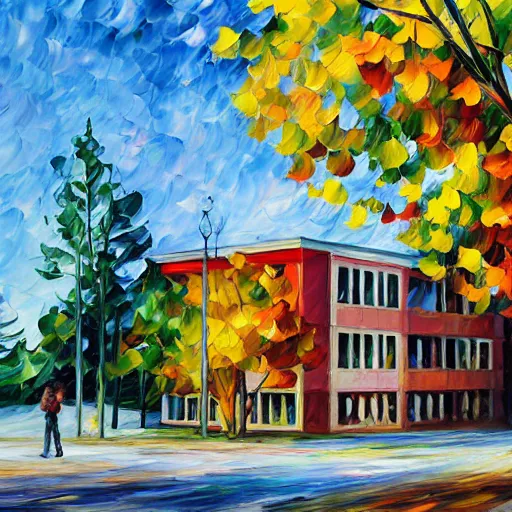 Prompt: young building, camosun college, painted by leonid afremov