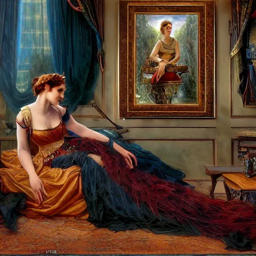 Image similar to a beautiful female is sitting on her living room couch. She is dressed casually and is watching TV, Regal, Realistic, Refined, Detailed Digital Art, Josephine wall, Oil Painting, William-Adolphe Bouguereau, Art Frahm, Esao Andrews, Steampunk, Walt Disney (1937), Highly Detailed, Cinematic Lighting, Unreal Engine, 8k, HD