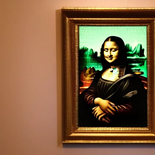 Prompt: picture of a painting on a wall that has a minecraft dirt block, with the body of the mona lisa
