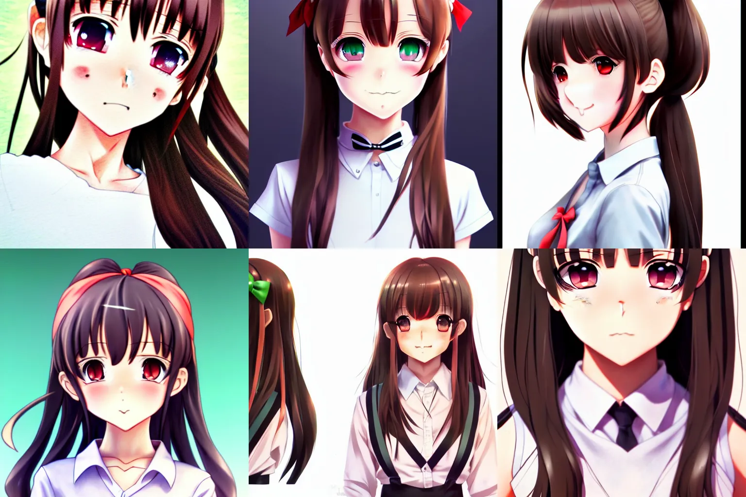 Prompt: very beautiful anime high school girl, complete body view, green eyes, coral brown hair, ponytail, white ribbon, full perfect face, realistic, detailed school background, artstation, 120 degree view, drawn by Artgerm, Sasoura, Satchely, no distorsion