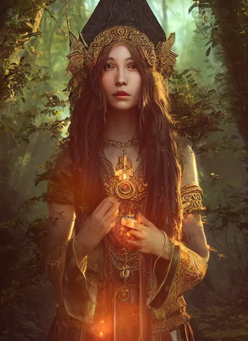 Image similar to Beautiful art portrait of a female fantasy priestess in a bright temple surrounded by lush forest, atmospheric lighting, intricate detail, cgsociety, hyperrealistic, octane render, RPG portrait, ambient light, dynamic lighting