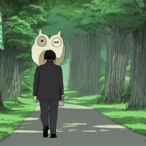 Image similar to still from studio ghibli movie My Neighbor Totoro, Hayao Miyazaki,barn owl in a black suit wearing an office bag going to the office, symetrical face