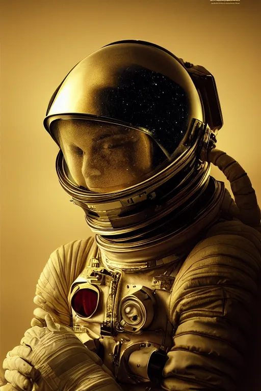 Prompt: extremely detailed studio portrait of space astronaut, helmet off, helmet on lap, full body, soft light, golden glow, award winning photo by michal karcz and yoshitaka amano