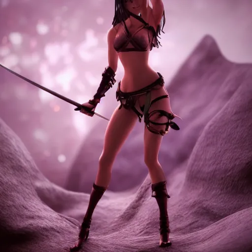 Image similar to highly detailedf figurine, beautiful young woman, slim waist, big bumm, with a sword in her right hand, martial art pose, octane render, bikini, volumetric lights, dramatic, highly detailed, messy, hair